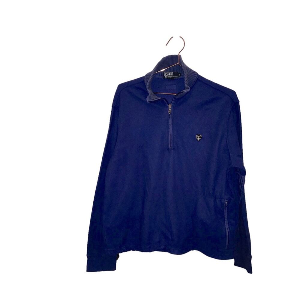 POLO RALPH LAUREN MEN'S Blue fleece with mixed material on elbows 1/4 ZIP - Picture 1 of 8
